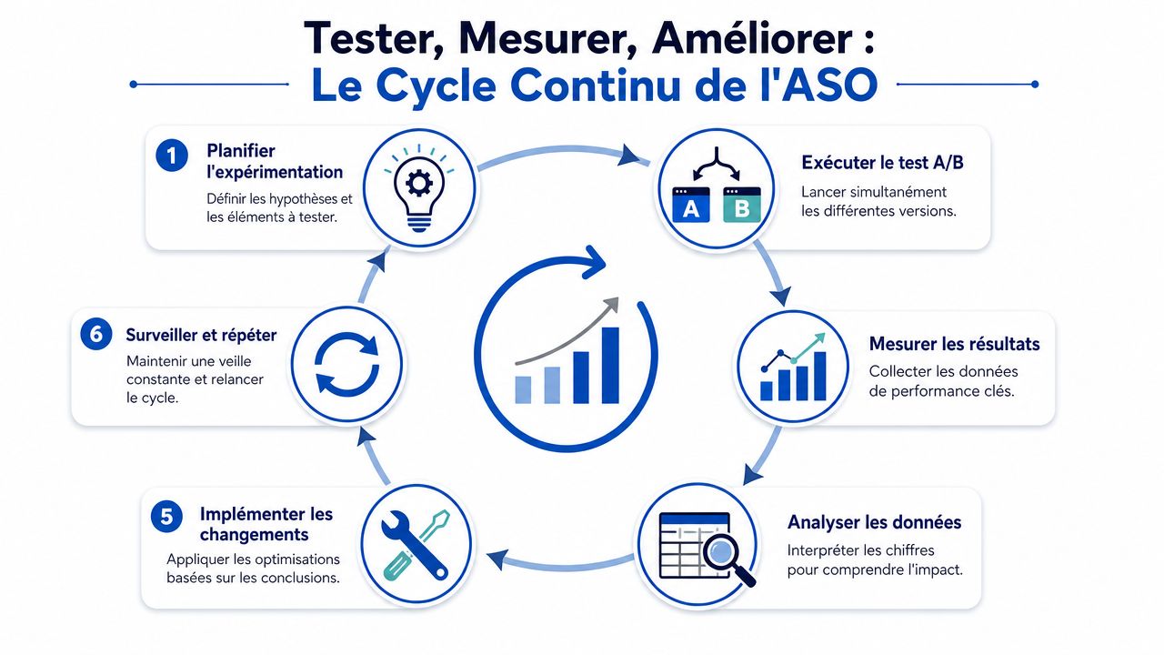 Diagramme circulaire illustrant le cycle continu de l'optimisation sur l'App Store, du test à l'amélioration.