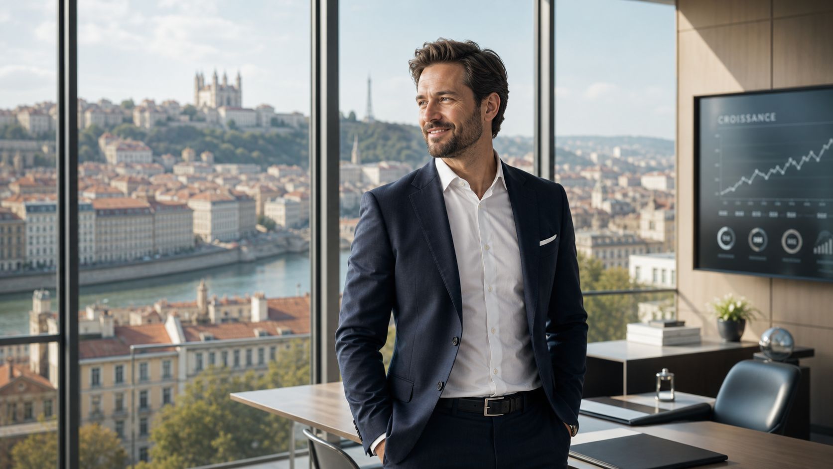 Un entrepreneur confiant dans un bureau moderne surplombant la ville de Lyon avec une vue panoramique.