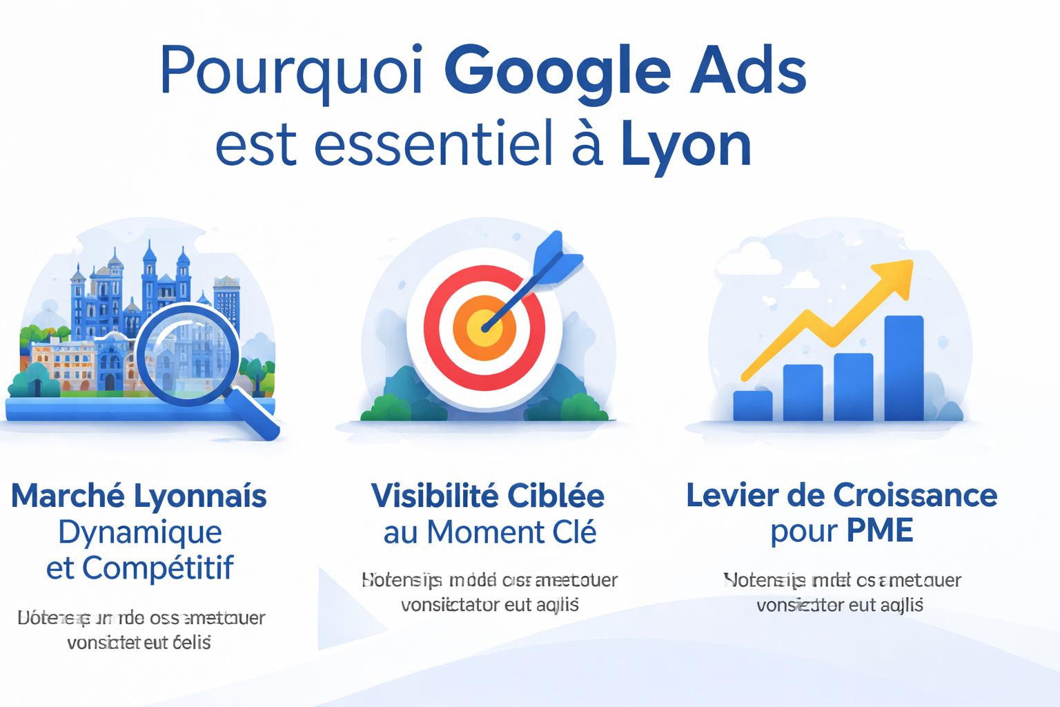 Illustration montrant les avantages stratégiques d'utiliser une agence Google Ads pour les entreprises locales situées à Lyon.