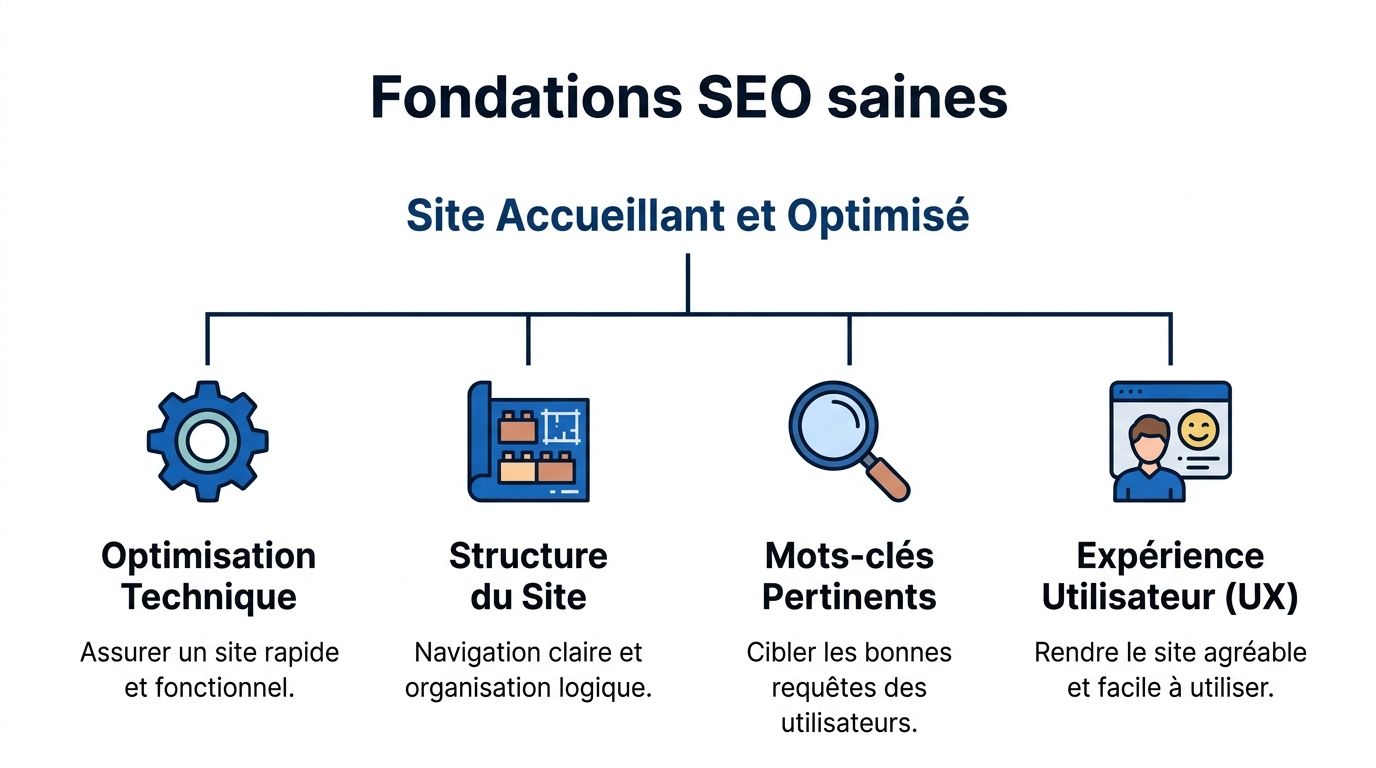 Schéma illustrant les quatre piliers fondamentaux pour optimiser les bases du référencement naturel d'un site web.