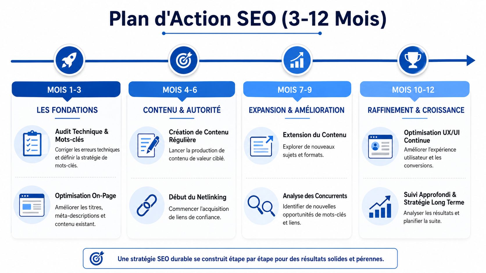 Infographie détaillant un plan d'action SEO stratégique divisé par étapes sur une période de 12 mois.