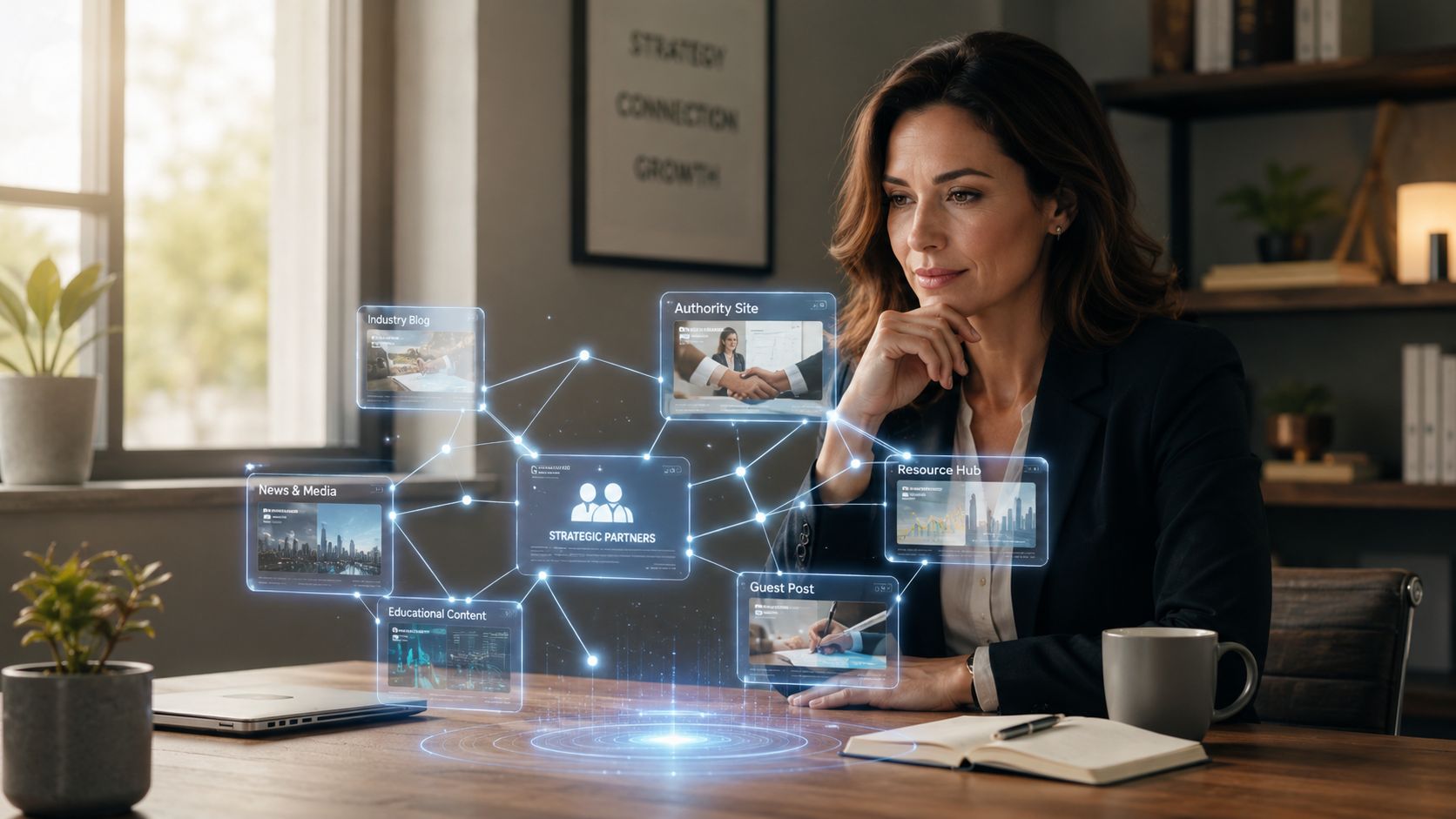 Une femme d'affaires analysant une stratégie de netlinking interactive via une interface holographique moderne dans son bureau.