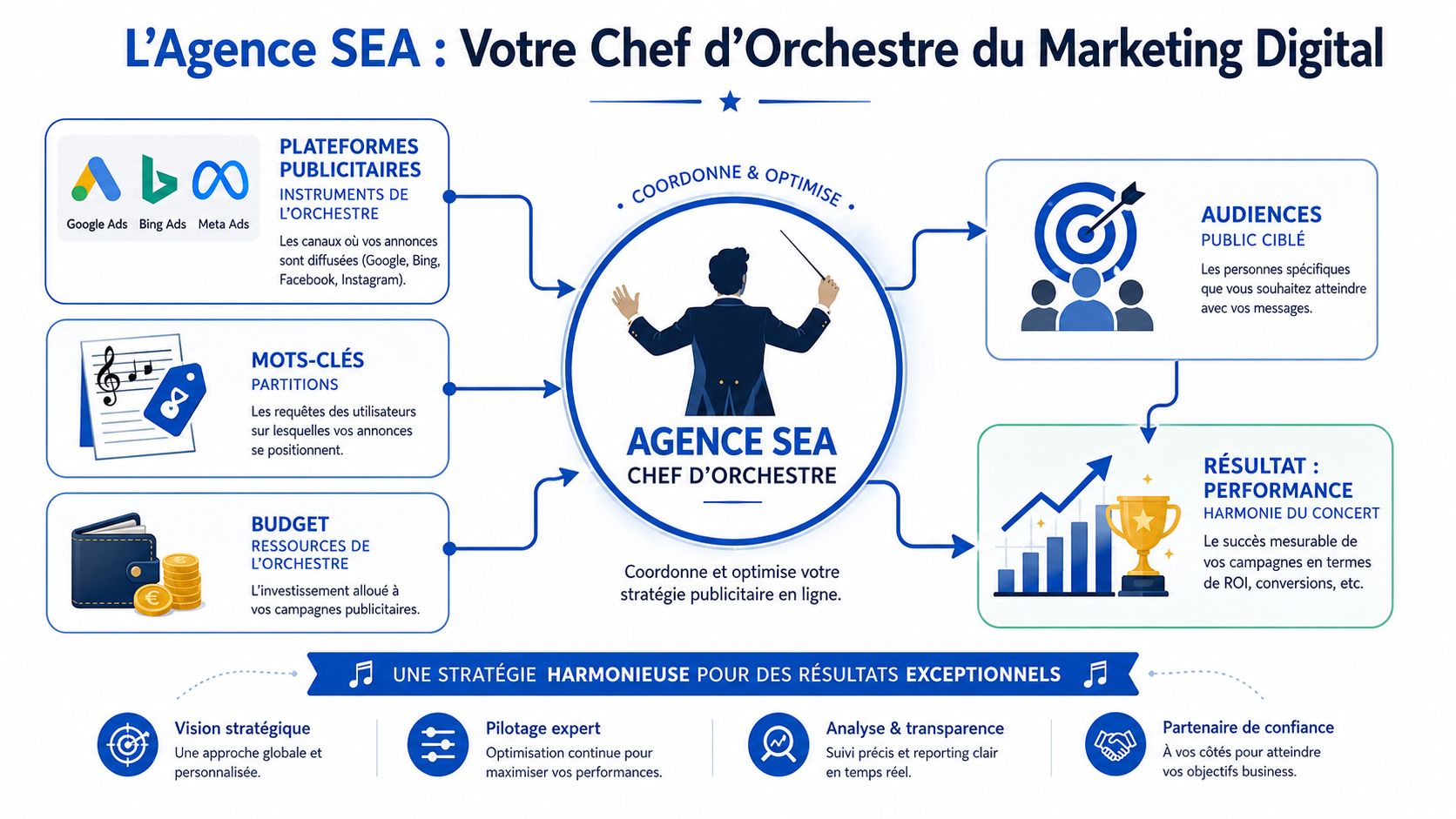 Illustration montrant le rôle d'une agence SEA comme un chef d'orchestre pilotant la stratégie marketing digital.
