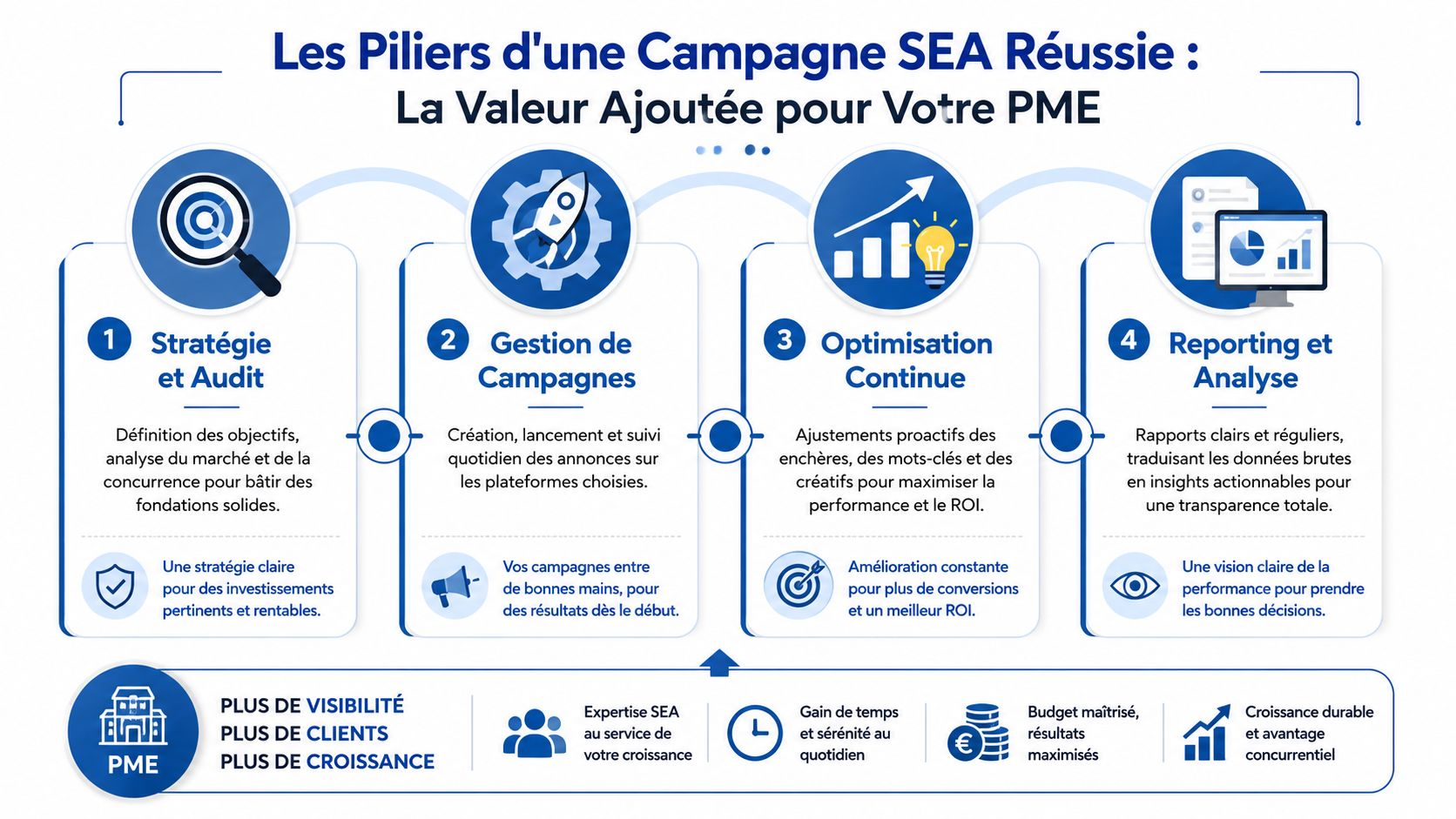 Infographie illustrant les quatre piliers d'une campagne SEA réussie pour maximiser la croissance de votre PME.