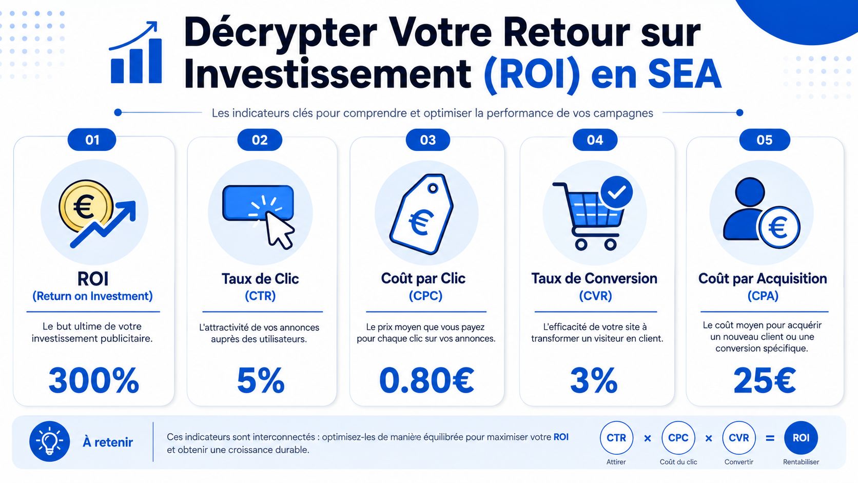 Infographie montrant les indicateurs clés de performance pour optimiser le retour sur investissement en publicité SEA.