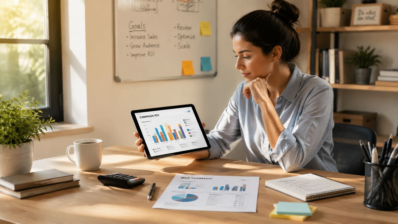Une femme travaillant à son bureau, analysant des statistiques de campagne publicitaire sur sa tablette et papier.