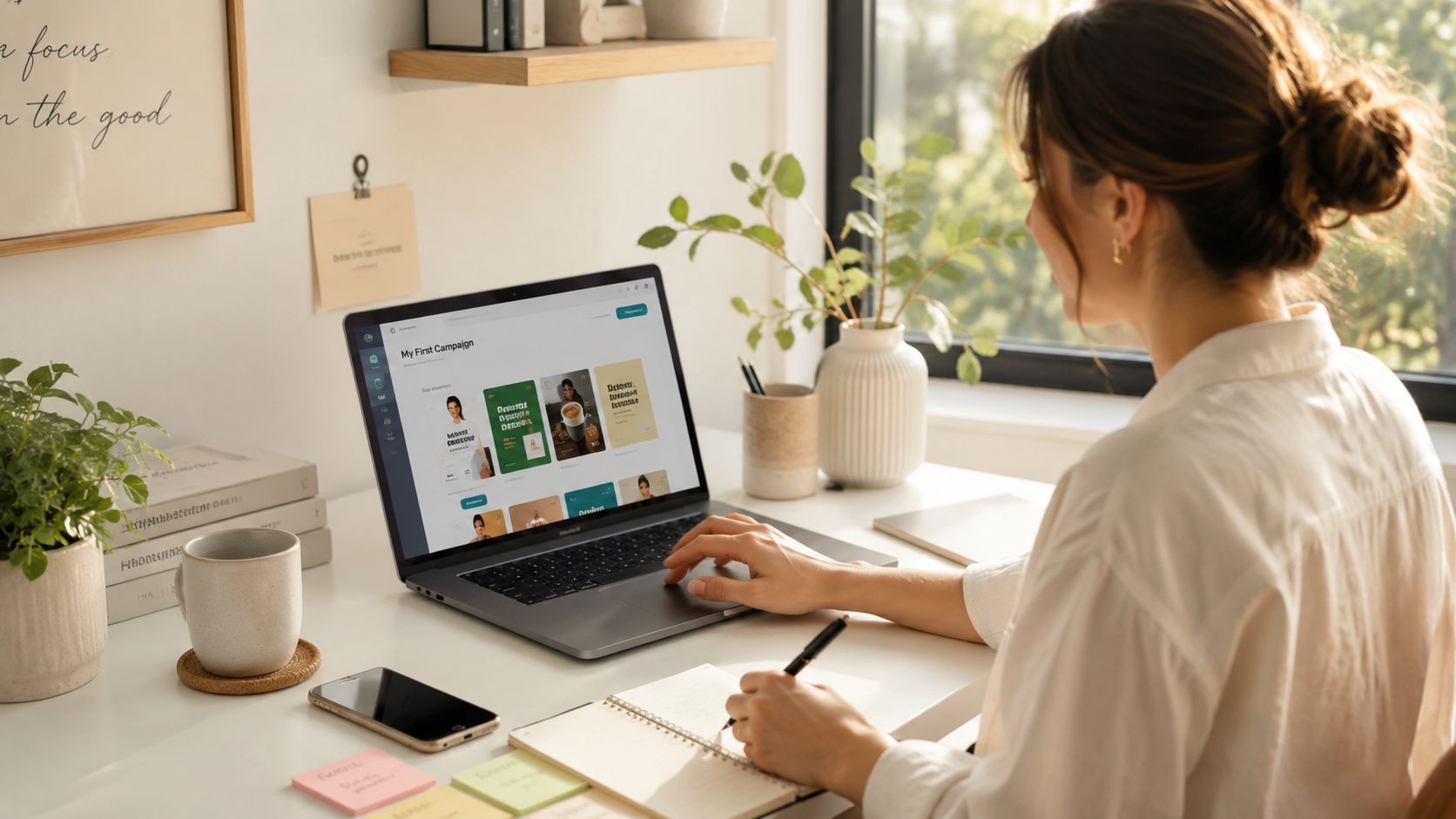 Une jeune femme travaillant sur un ordinateur portable dans un bureau moderne et lumineux et prenant des notes.