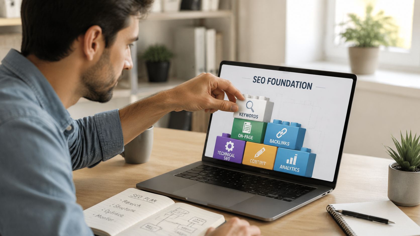 Un homme travaillant sur un ordinateur portable affichant les bases du SEO avec des blocs illustrés.