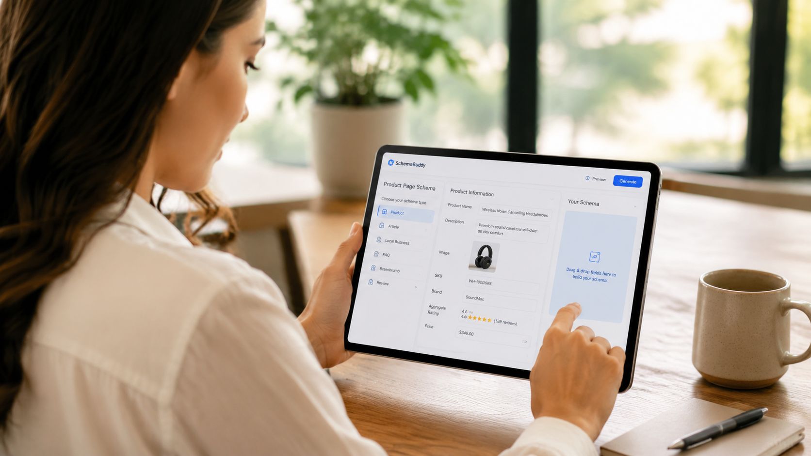 Une femme utilisant une tablette pour configurer des données structurées SEO pour son site web professionnel.