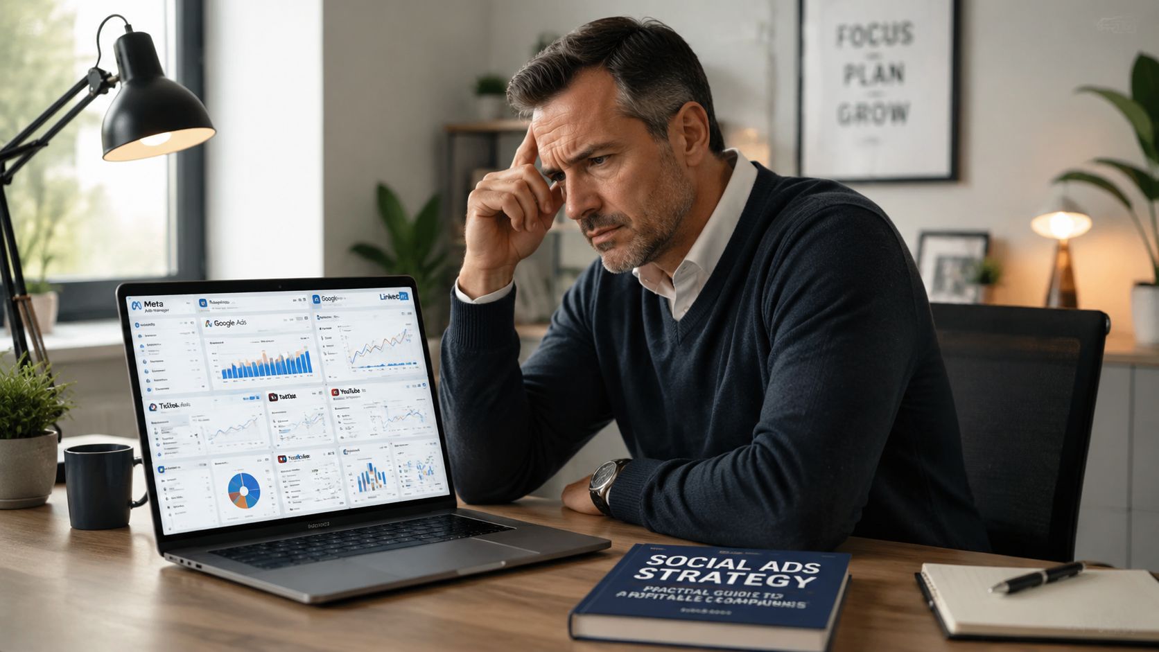 Un homme d'affaires réfléchi assis devant son ordinateur portable affichant des analyses de campagnes publicitaires numériques.