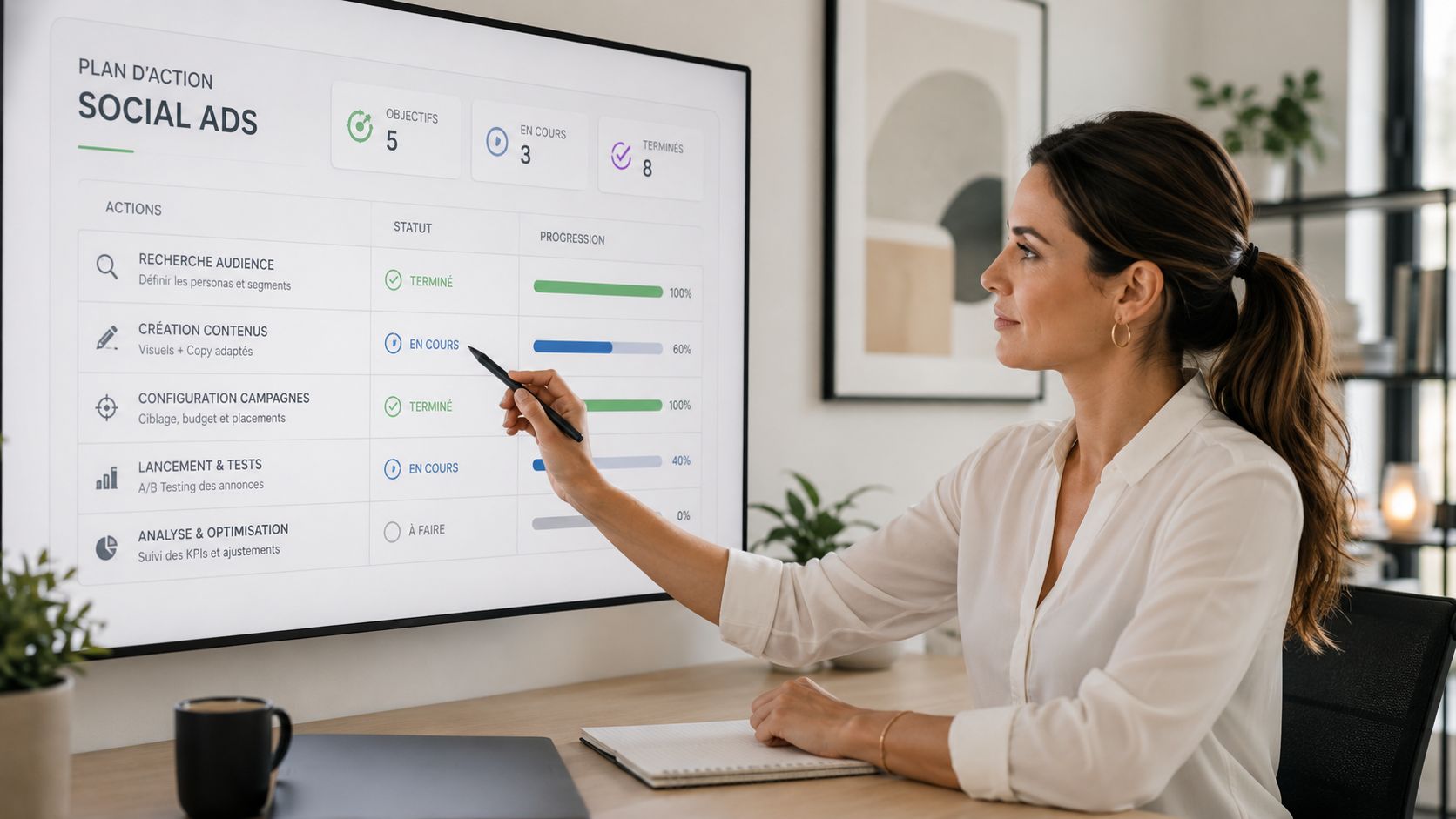 Une professionnelle analysant un tableau de bord numérique sur écran géant concernant la stratégie de campagnes publicitaires.
