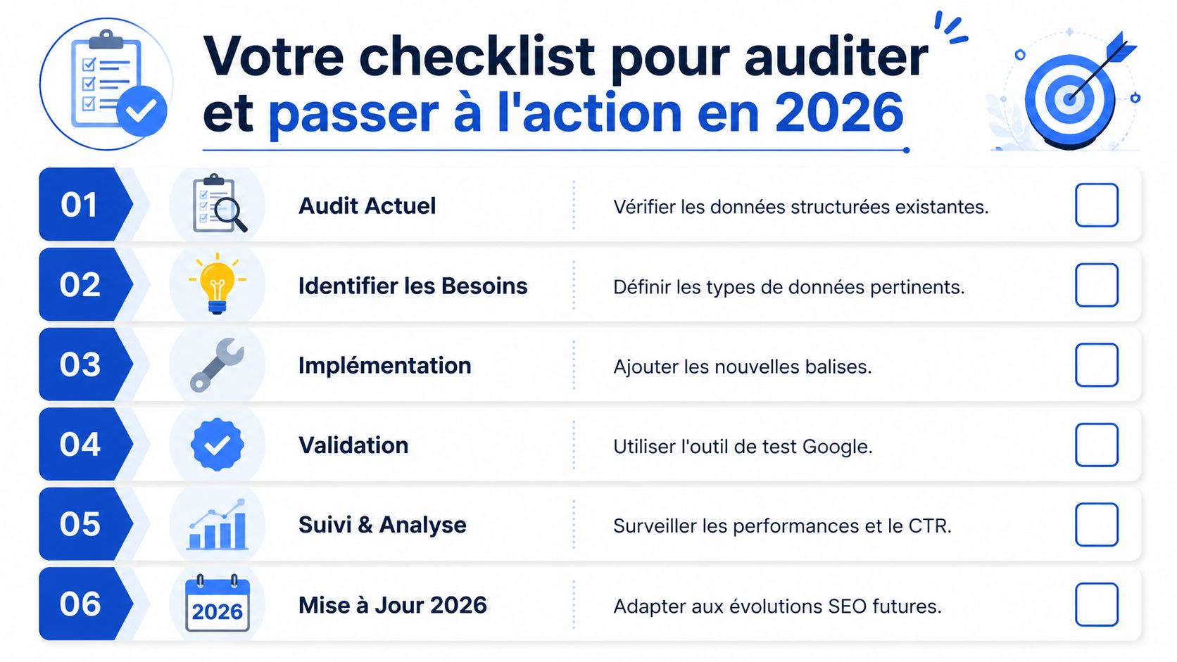Une checklist pour auditer et optimiser les données structurées SEO en six étapes clés pour l'année 2026.