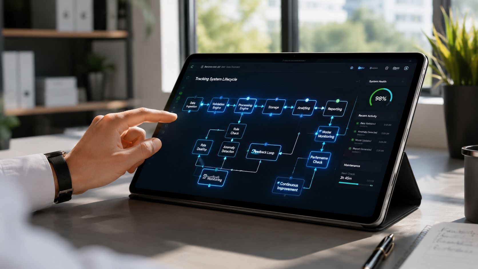 Une main d'homme interagissant avec un écran de tablette affichant le cycle de vie d'un système numérique.