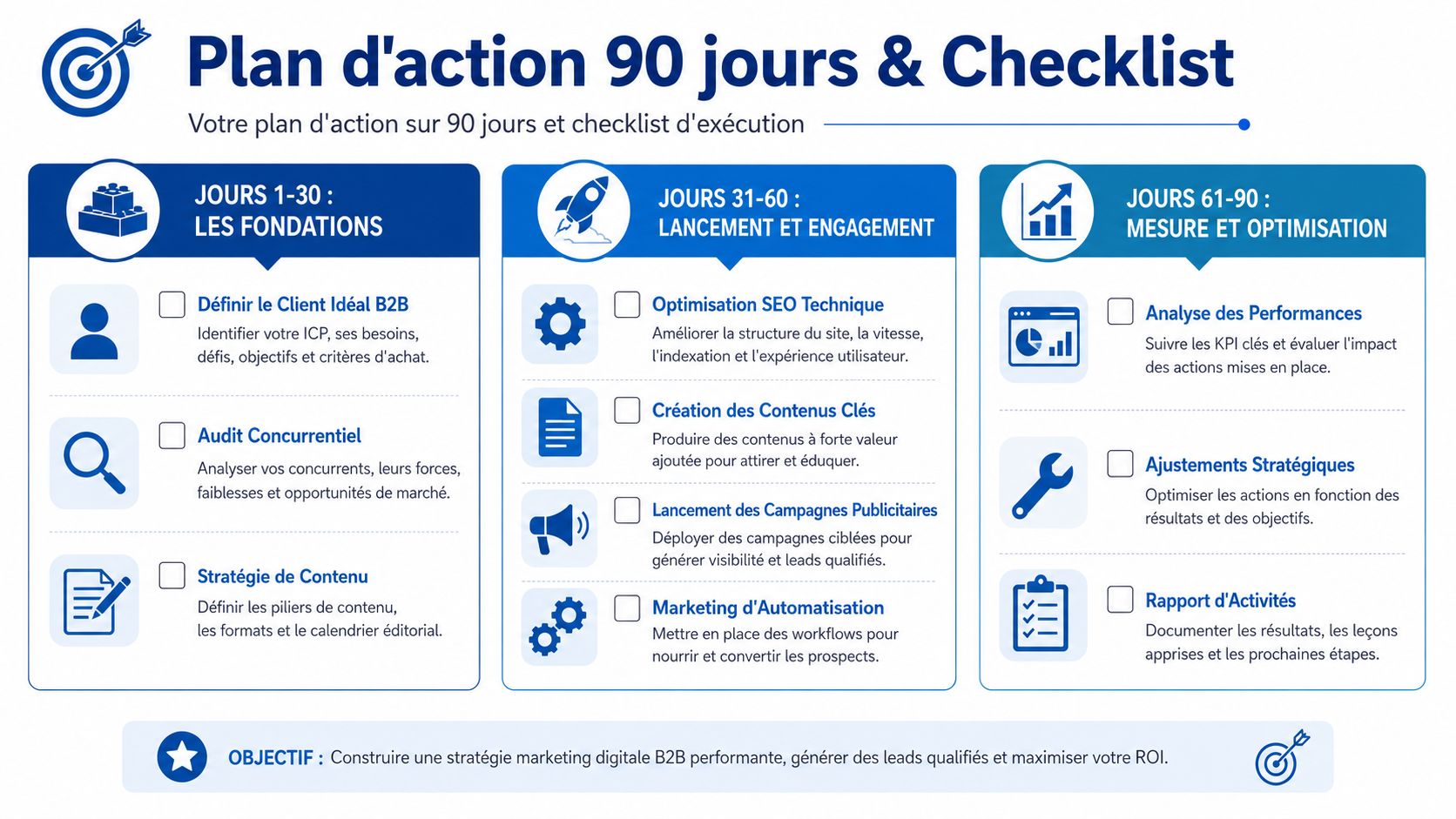 Un plan d'action marketing B2B divisé en trois phases de 90 jours pour optimiser la stratégie digitale.