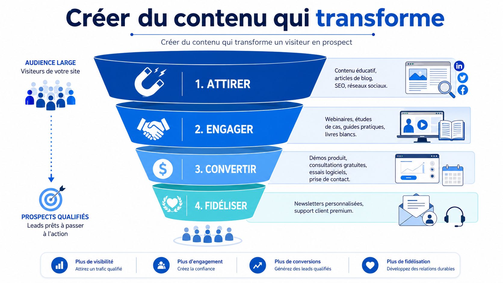 Un entonnoir marketing illustrant les quatre étapes clés pour transformer des visiteurs en prospects qualifiés et fidèles.