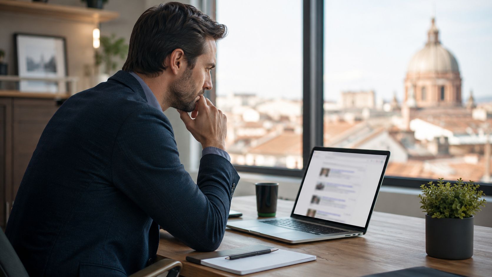 Un homme d'affaires réfléchi regardant son ordinateur portable dans un bureau avec une vue sur la ville.