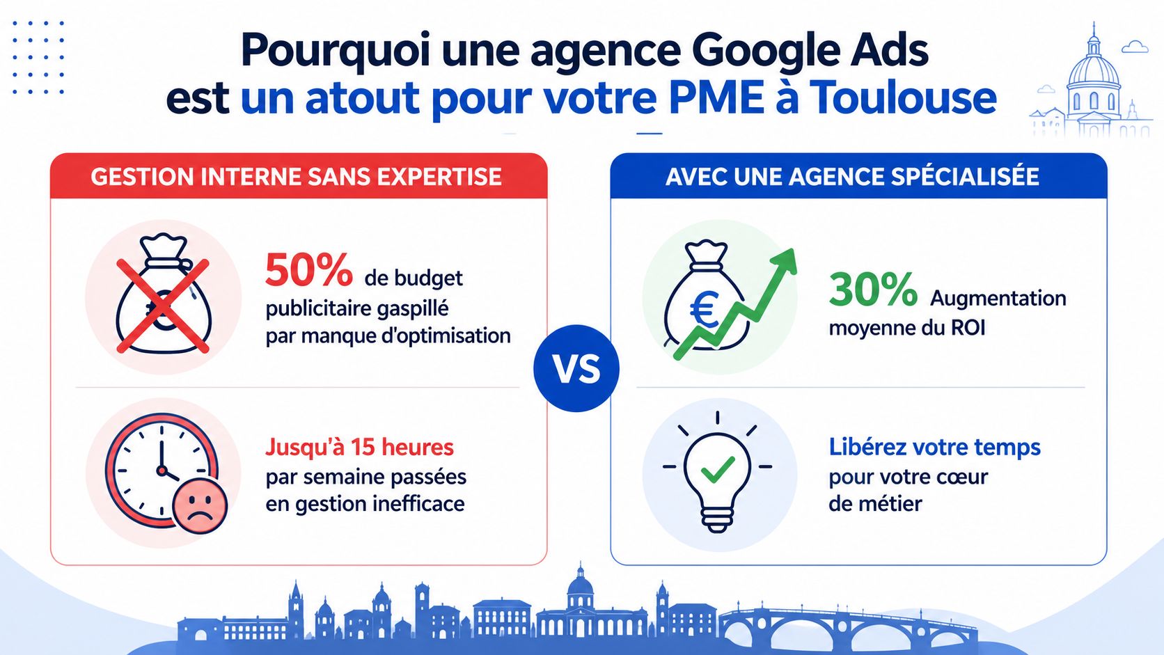 Comparaison entre la gestion interne de Google Ads et l'utilisation d'une agence spécialisée pour les PME toulousaines.