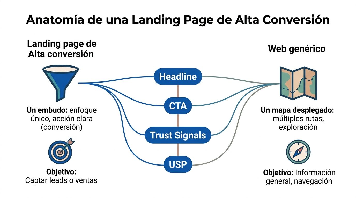 Comparativa visual entre el enfoque directo de una landing page y la navegación de una web genérica.