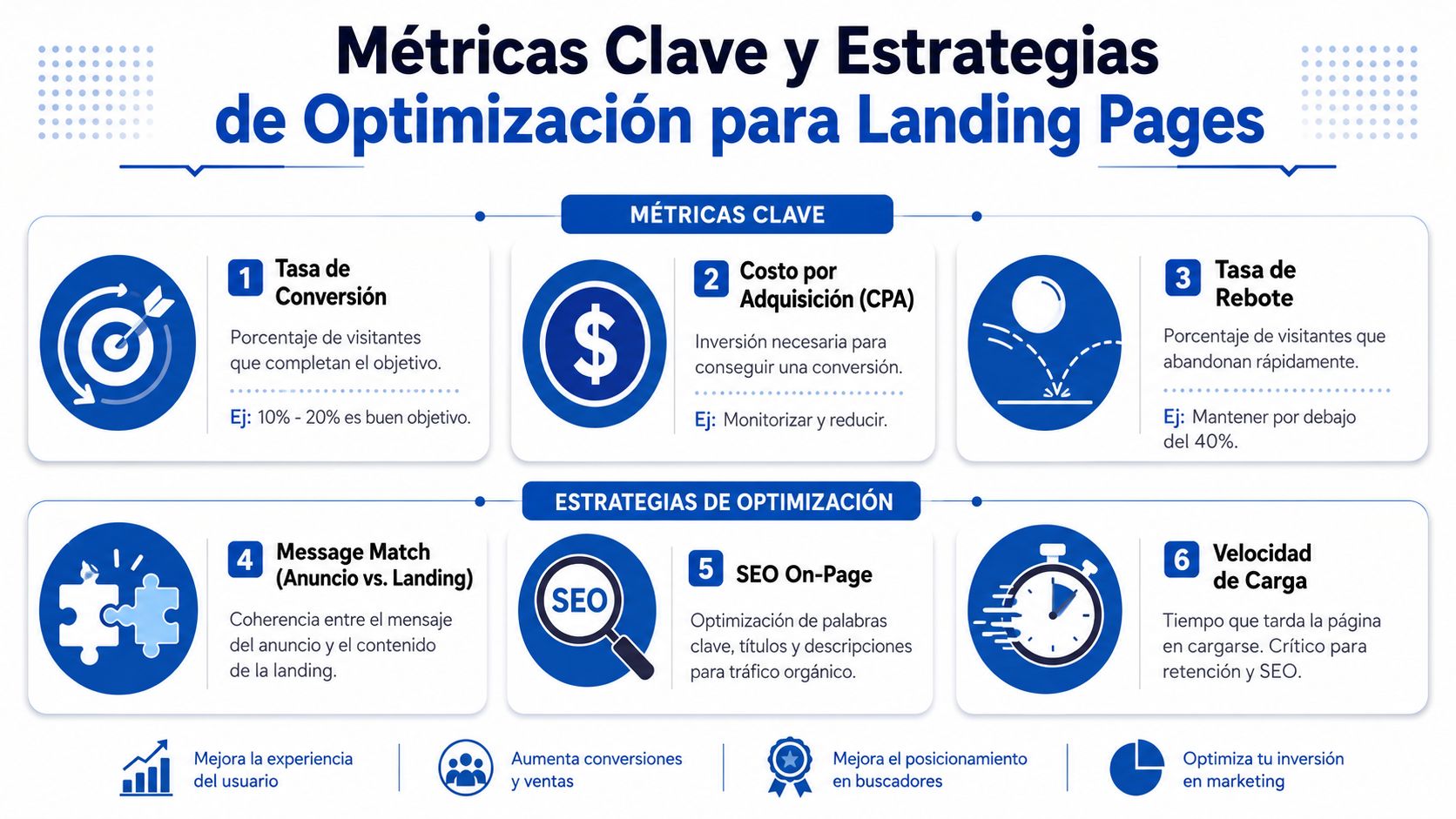 Infografía sobre métricas clave y estrategias de optimización para mejorar el rendimiento de landing pages.