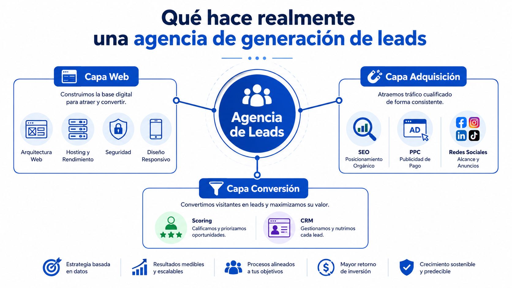Diagrama explicativo sobre los servicios y funciones clave de una agencia profesional de generación de leads.