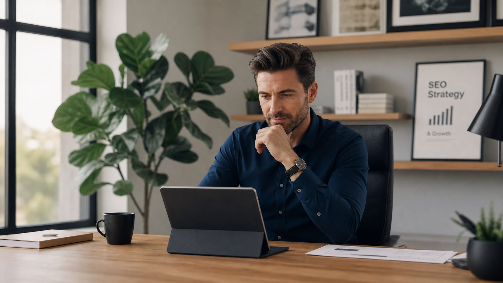 Un professionnel en chemise bleue travaillant sur sa tablette numérique dans un bureau moderne et lumineux.