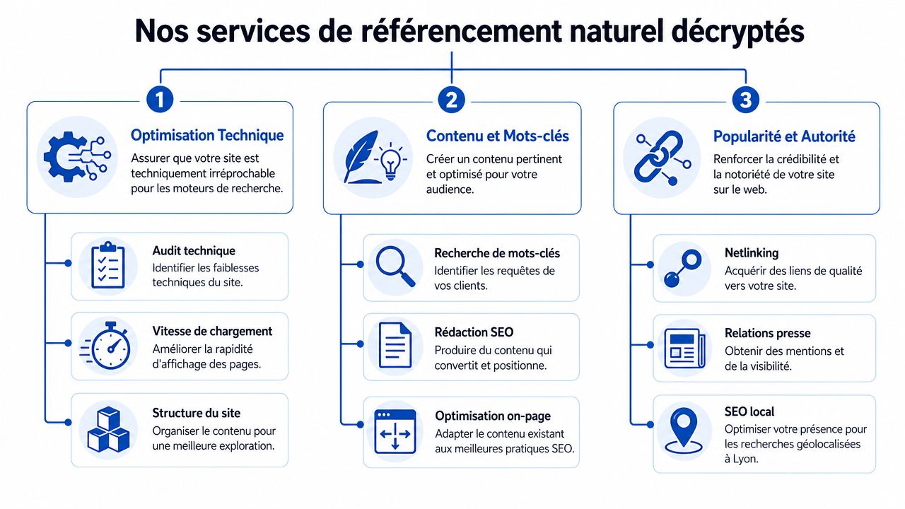 Infographie présentant les trois piliers essentiels d'une stratégie de référencement naturel pour améliorer la visibilité web.
