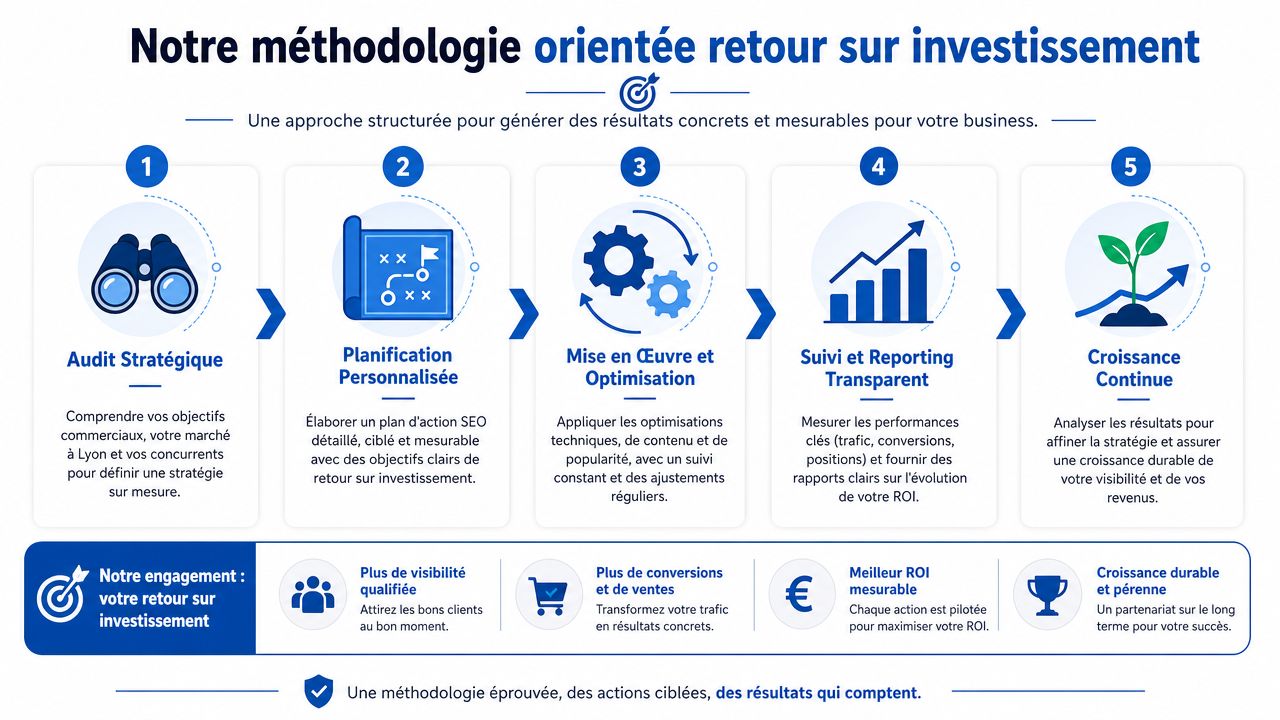 Schéma illustrant la méthodologie en cinq étapes d'une agence de référencement naturel à Lyon pour optimiser le retour sur investissement.