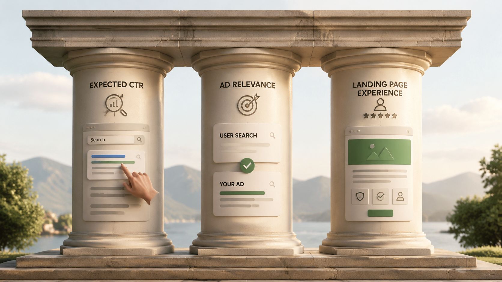 Trois piliers classiques illustrant le score de qualité Google Ads avec leurs composants essentiels pour le référencement.