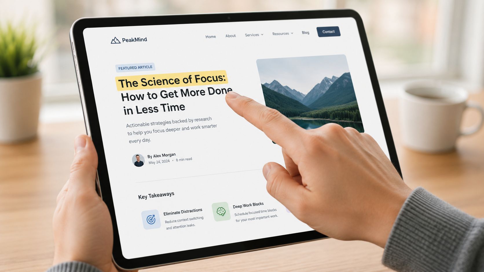 Une personne tenant une tablette affichant un article de blog sur le thème de la productivité.
