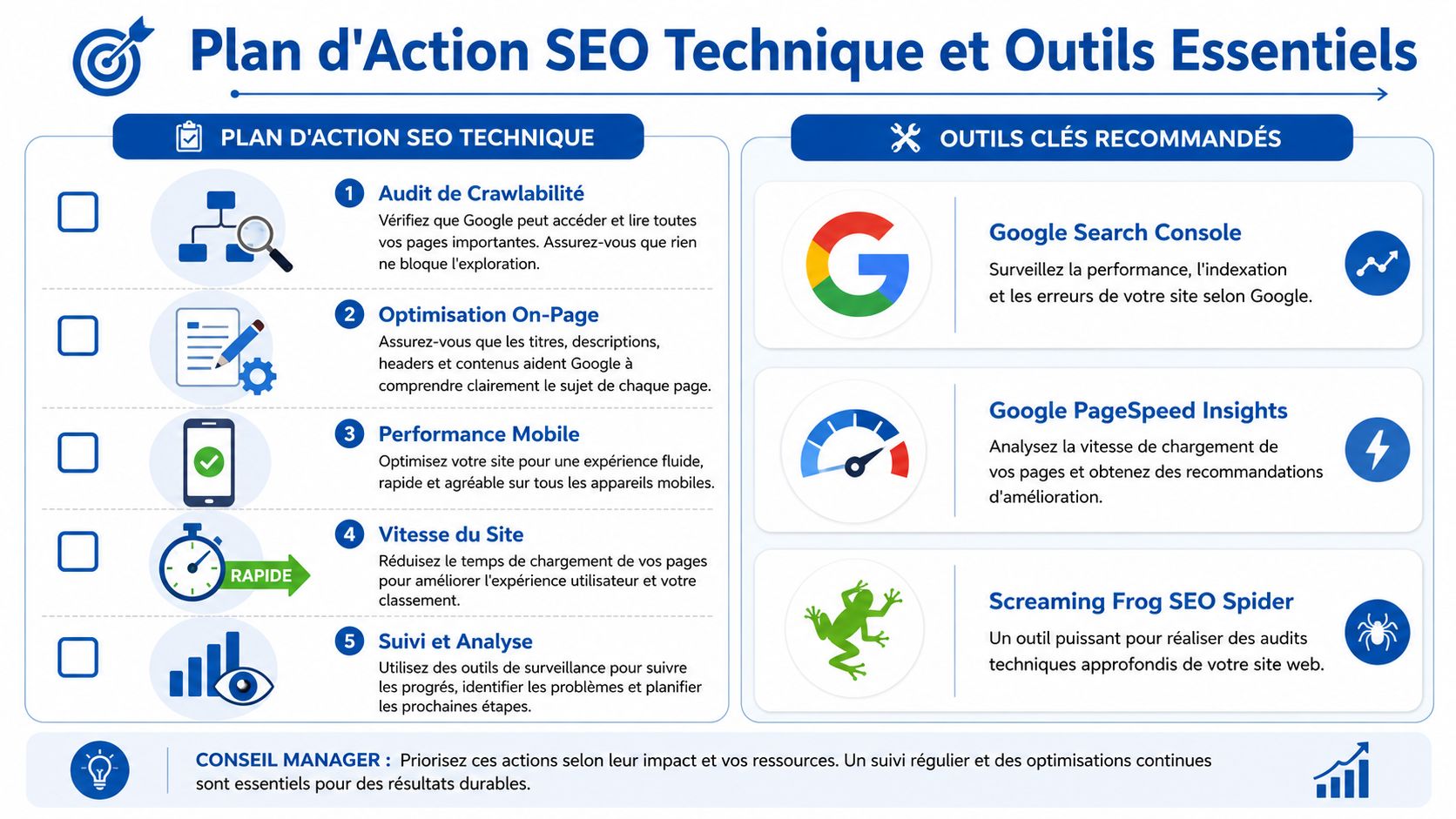 Infographie présentant un plan d'action pour le SEO technique et les outils essentiels recommandés pour les sites.