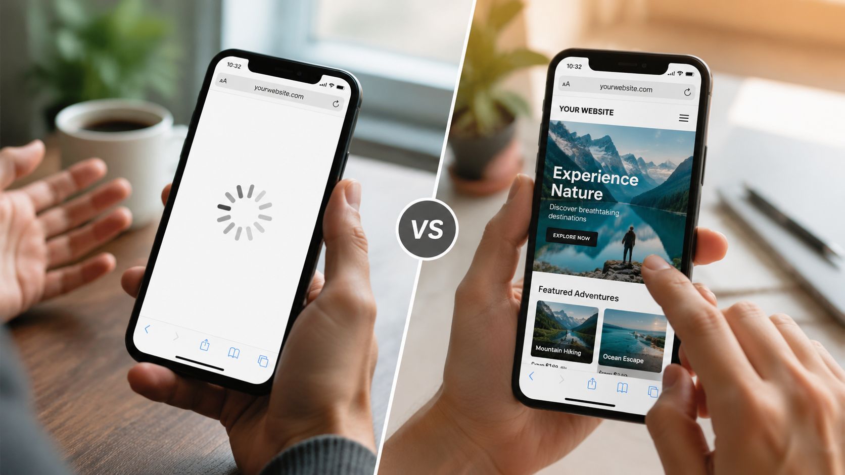 Une comparaison illustrant un site web lent avec un chargement en cours contre une version optimisée et rapide.