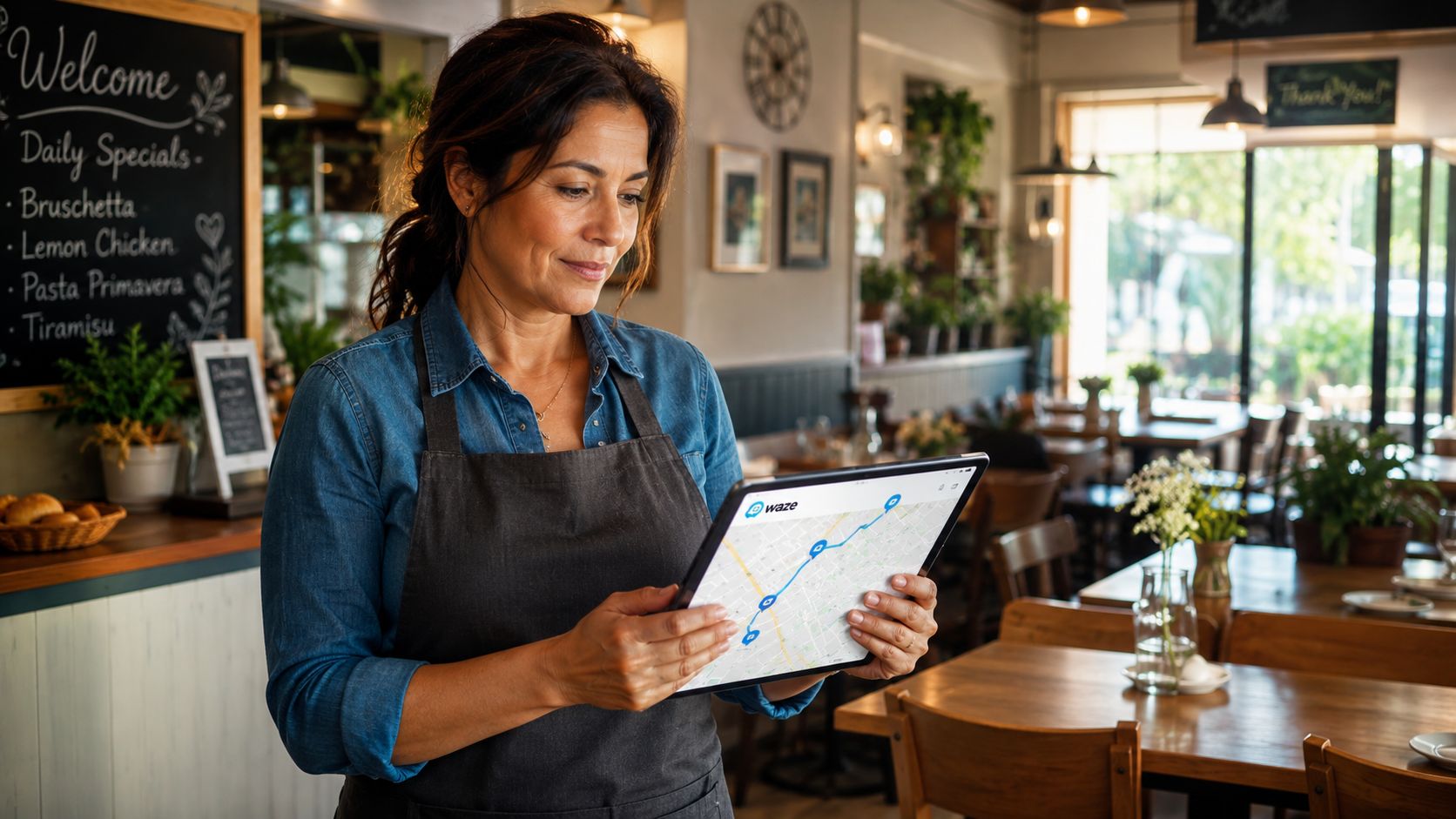 Une serveuse souriante tient une tablette affichant une application de navigation GPS dans un restaurant chaleureux.