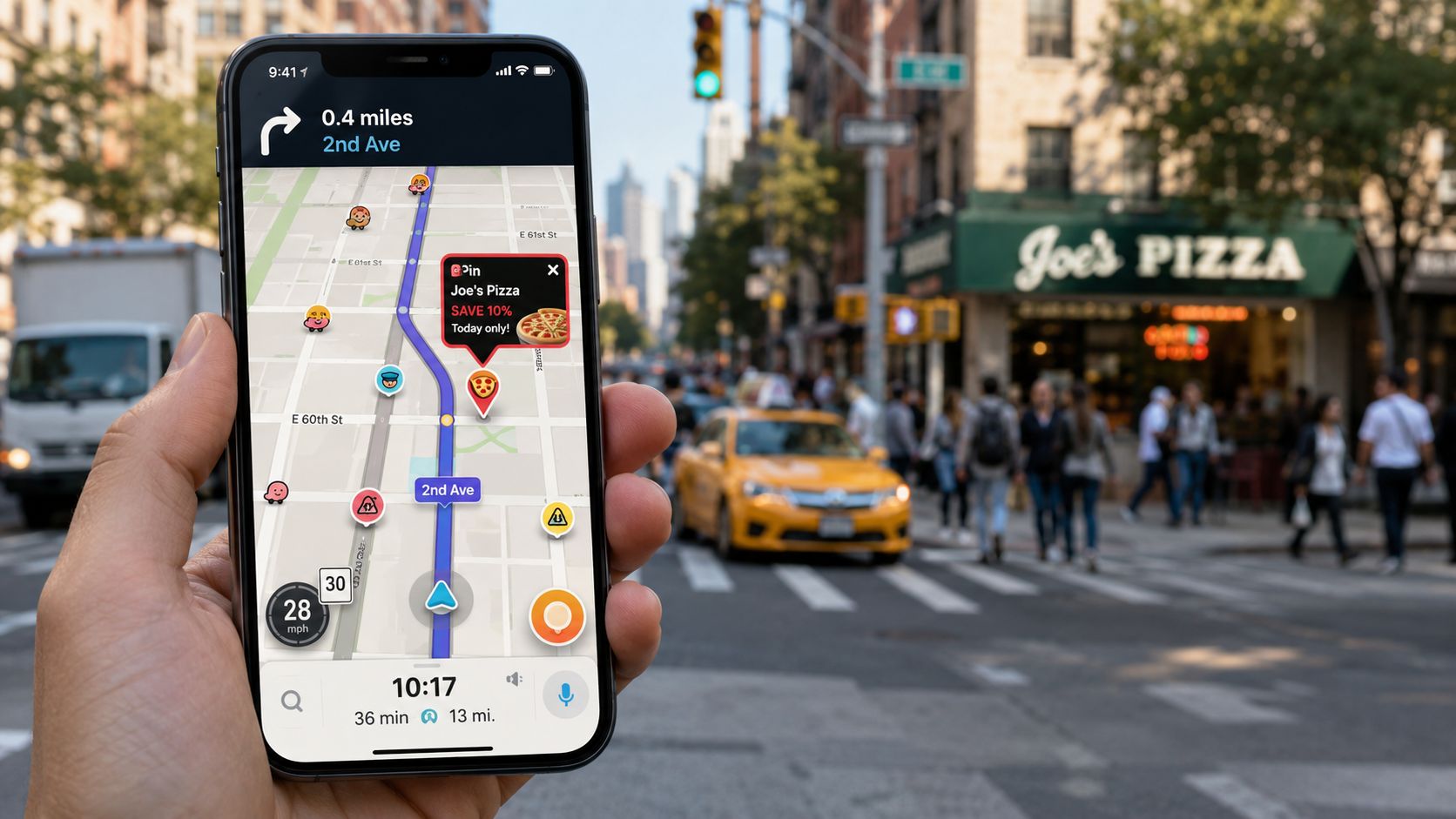 Une main tenant un smartphone affichant l'application Waze avec une publicité promotionnelle pour Joe's Pizza à New York.