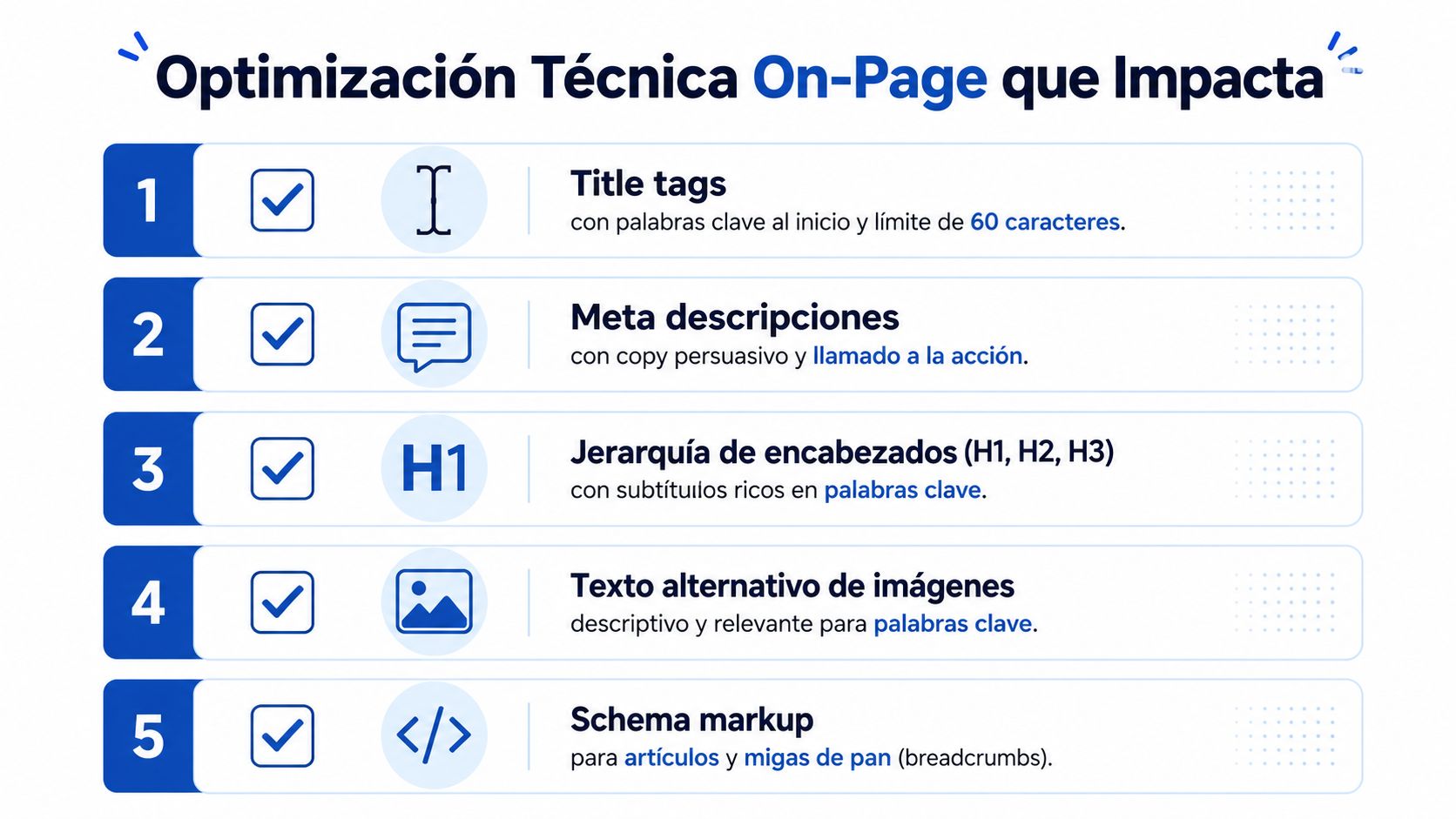 Una infografía enumerada que muestra cinco aspectos clave de la optimización técnica on-page para mejorar el posicionamiento SEO.
