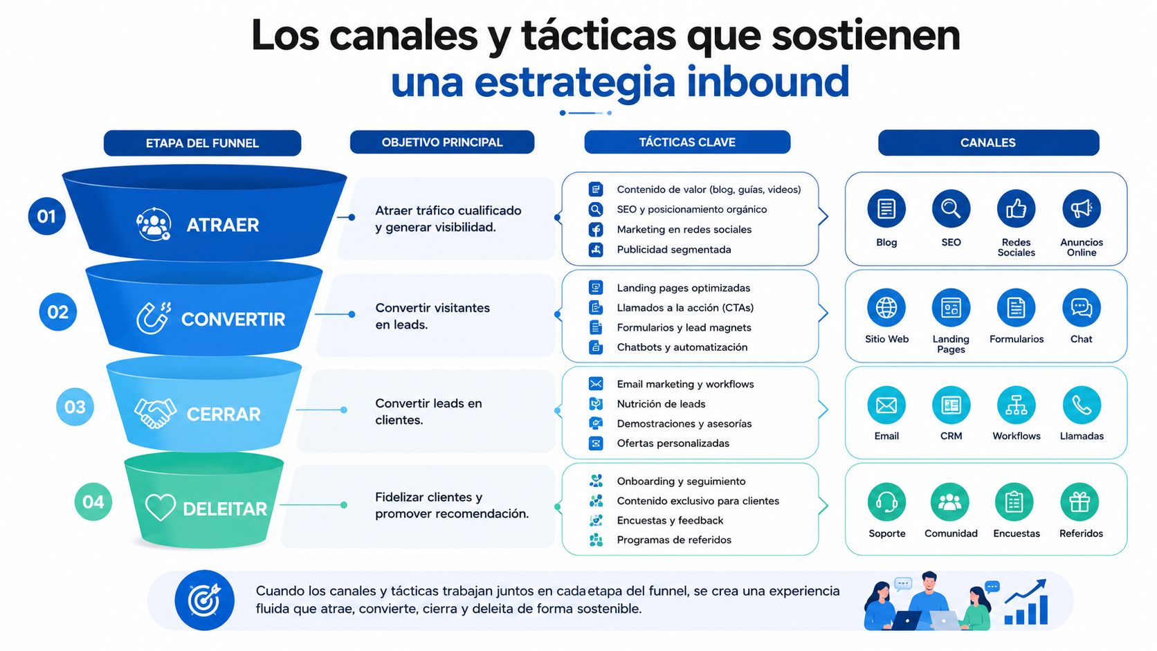 Diagrama de embudo que ilustra los canales y tácticas para implementar una estrategia de marketing inbound efectiva.